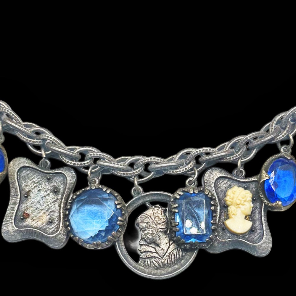 Vintage Silver Tone Cameo, Coin, Blue Glass Charm Bracelet